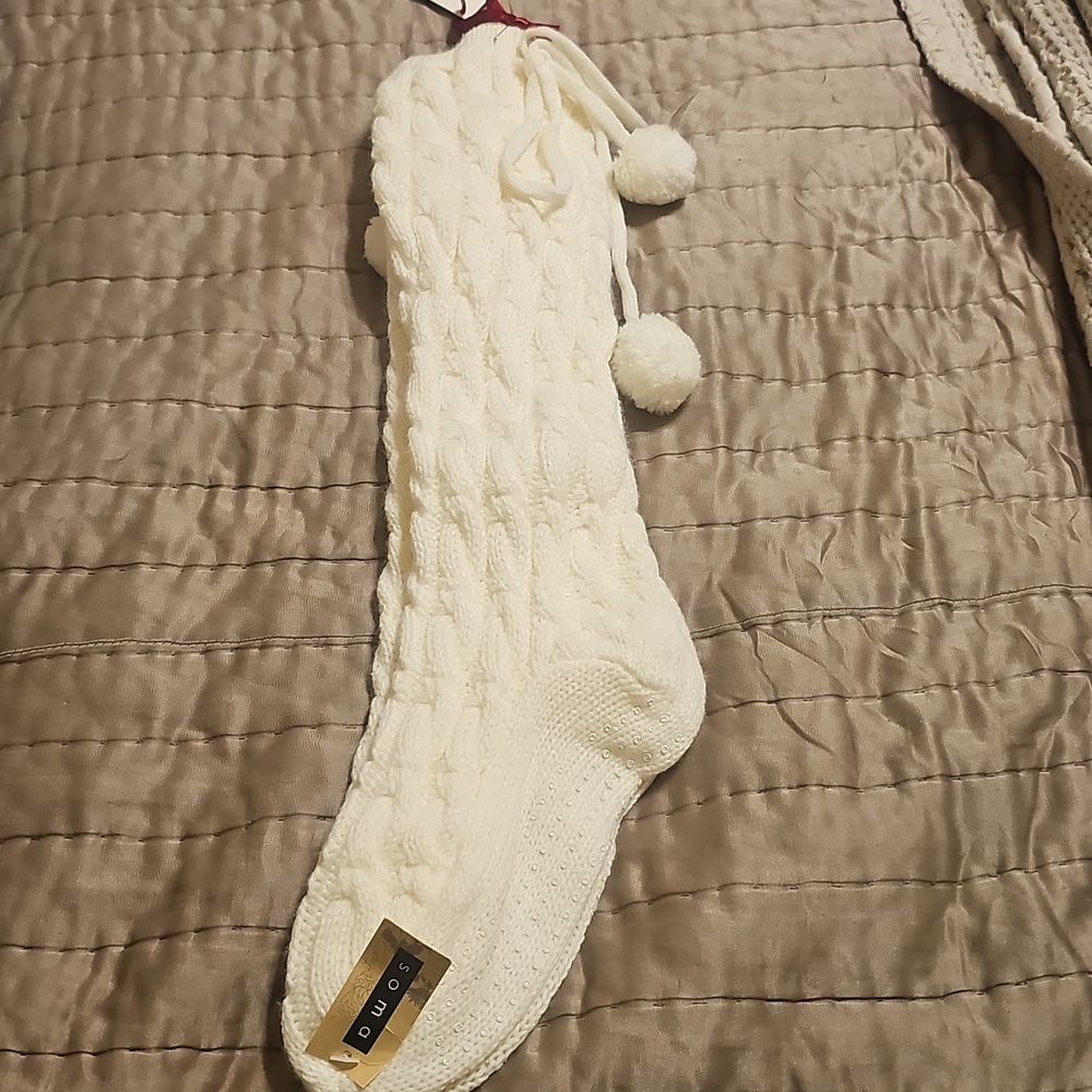 Cozy Cable Knit Slippee Socks with Pom Poms - Cream